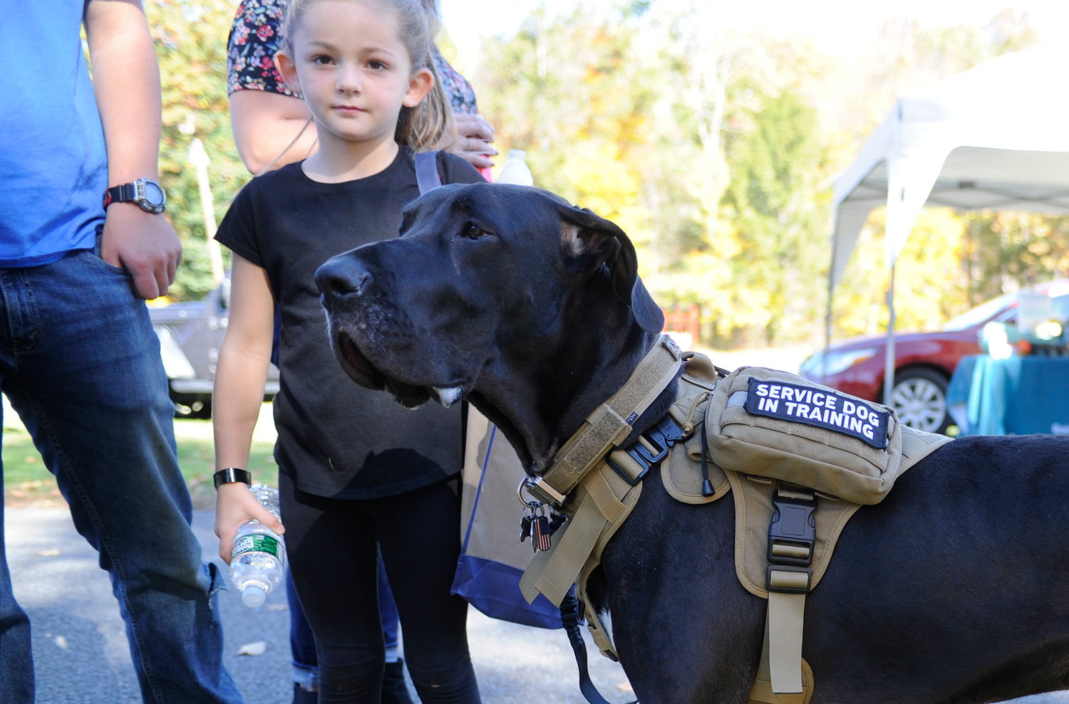 Katie Edwards, the seven-year-old daughter of Chris and Colleen Edwards, is pictured with Duke, her father’s Vet 2 Vet service dog in training. Edwards is a USMC veteran whose son Benjamin is a 17-year-old recruit in boot camp at Parris Island.